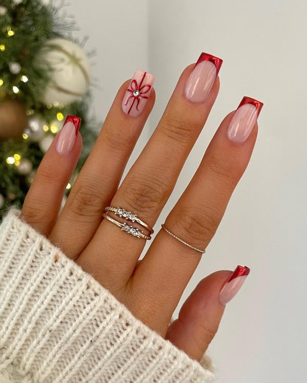 Gift-Wrapped French Tips, Christmas nail art, Christmas nail ideas, Christmas nails, cute Christmas nail designs, festive holiday nails