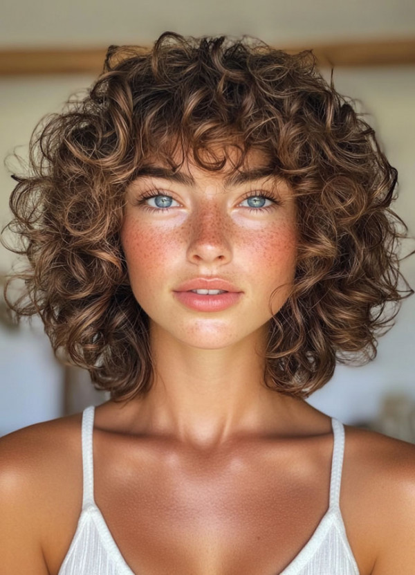 Sun-Kissed Curly Bob with bangs, Medium Length Curly Hairstyles, Shoulder length curly hair with layers, Medium length curly hairstyles, Medium length curly hairstyles for women, Loose curls Hairstyles for medium hair, Medium length curly hair Photos, Haircuts for semi curly hair Female, curly hairstyles