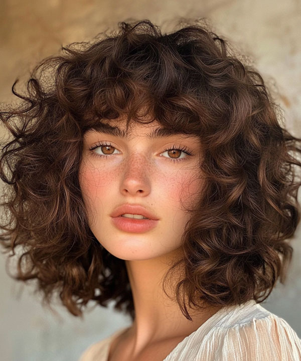 32 Medium Length Curly Hairstyles : Romantic Curly Bob with Shaggy Layers