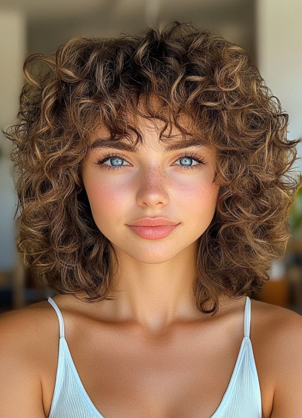 32 Medium Length Curly Hairstyles : Golden Curly Bob with Soft Fringe