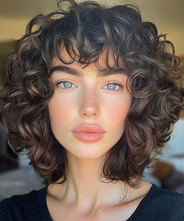 Rich Brunette Curly Bob with Glossy Finish, Medium Length Curly Hairstyles, Shoulder length curly hair with layers, Medium length curly hairstyles, Medium length curly hairstyles for women, Loose curls Hairstyles for medium hair, Medium length curly hair Photos, Haircuts for semi curly hair Female, curly hairstyles