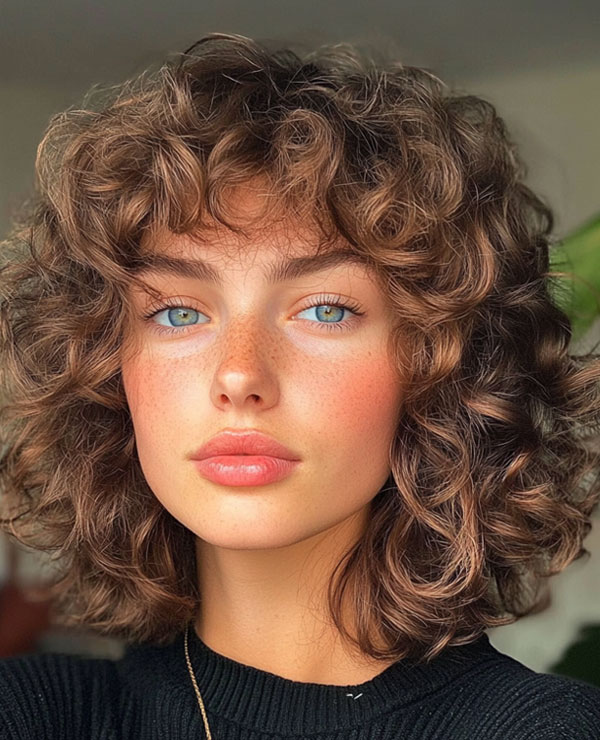 32 Medium Length Curly Hairstyles : Honey Brown Fluffy Curls with a Natural Glow