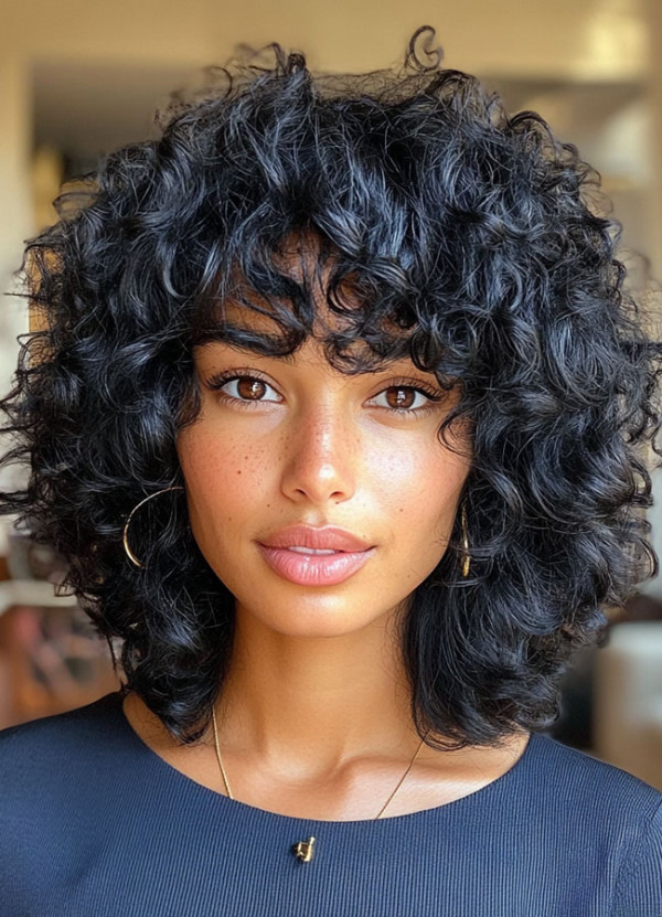 Jet Black Curls with a Bold Fringe, Medium Length Curly Hairstyles, Shoulder length curly hair with layers, Medium length curly hairstyles, Medium length curly hairstyles for women, Loose curls Hairstyles for medium hair, Medium length curly hair Photos, Haircuts for semi curly hair Female, curly hairstyles