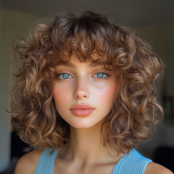 32 Medium Length Curly Hairstyles : Chic Tousled Curls with Feathered Fringe