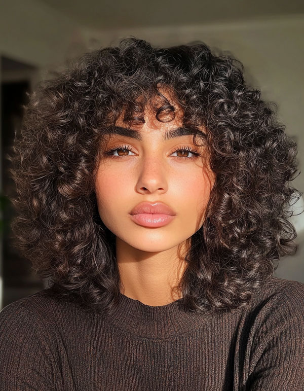 Dark Curls with a Soft Fringe, Medium Length Curly Hairstyles, Shoulder length curly hair with layers, Medium length curly hairstyles, Medium length curly hairstyles for women, Loose curls Hairstyles for medium hair, Medium length curly hair Photos, Haircuts for semi curly hair Female, curly hairstyles