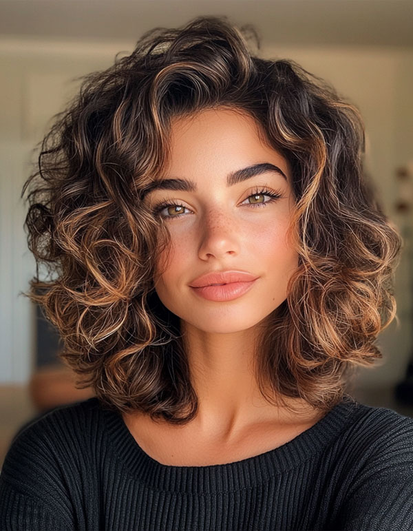 Side Part Layered Chocolate Curls with Golden Highlights, Medium Length Curly Hairstyles, Shoulder length curly hair with layers, Medium length curly hairstyles, Medium length curly hairstyles for women, Loose curls Hairstyles for medium hair, Medium length curly hair Photos, Haircuts for semi curly hair Female, curly hairstyles