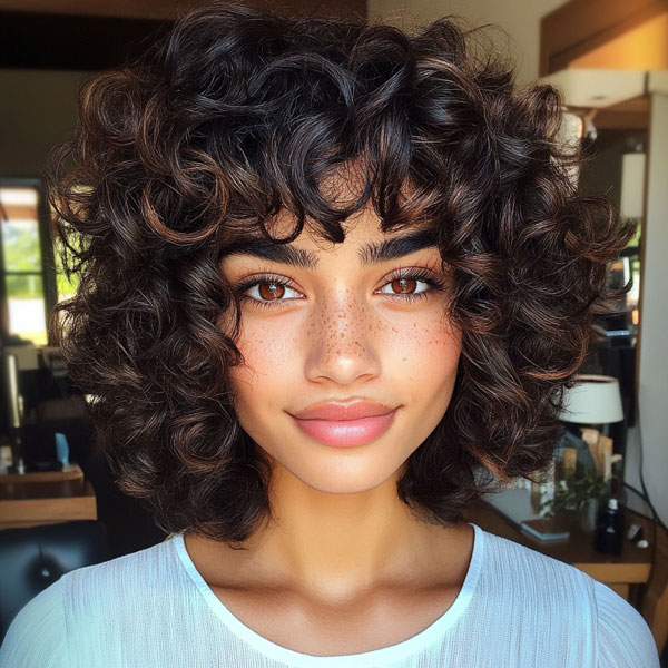 32 Medium Length Curly Hairstyles Playful Curls with a Full Fringe