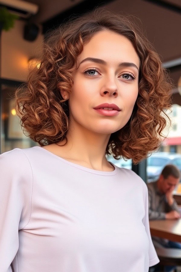 32 Medium Length Curly Hairstyles : Soft Auburn Curls with a Classic Centre Part