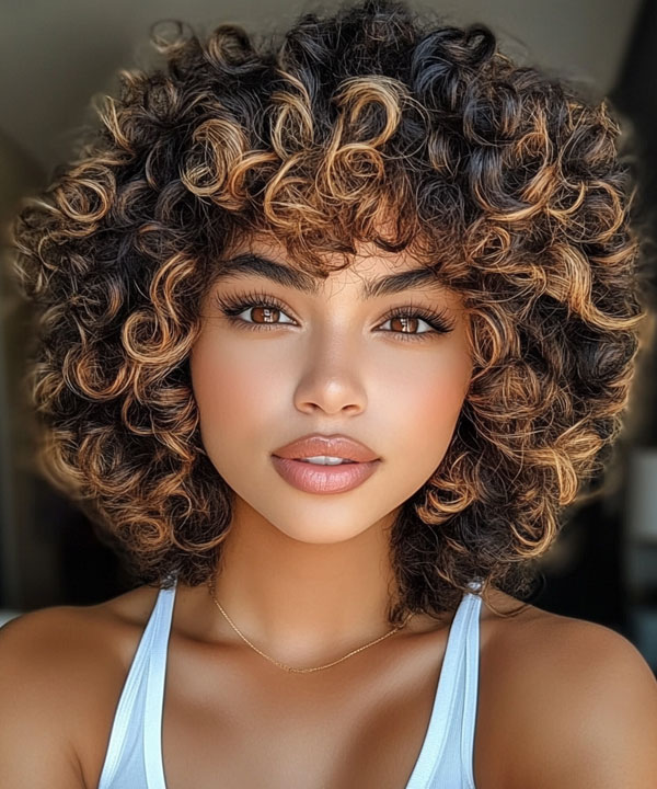 Honey-Highlighted Curly Rounded Bob, Medium Length Curly Hairstyles, Shoulder length curly hair with layers, Medium length curly hairstyles, Medium length curly hairstyles for women, Loose curls Hairstyles for medium hair, Medium length curly hair Photos, Haircuts for semi curly hair Female, curly hairstyles