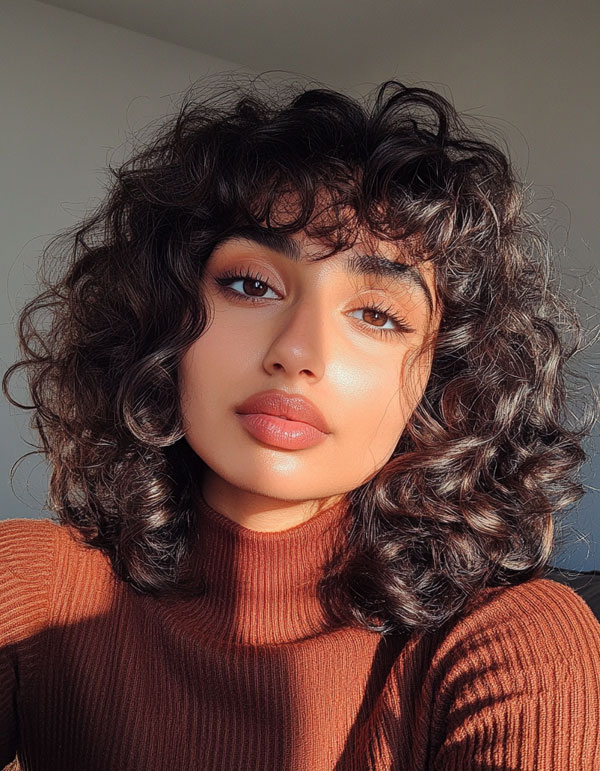 32 Medium Length Curly Hairstyles : Glossy Dark Curls with Textured Bangs