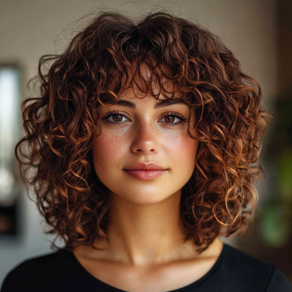 Layered Warm Chestnut Curls with a Soft Fringe, Medium Length Curly Hairstyles, Shoulder length curly hair with layers, Medium length curly hairstyles, Medium length curly hairstyles for women, Loose curls Hairstyles for medium hair, Medium length curly hair Photos, Haircuts for semi curly hair Female, curly hairstyles