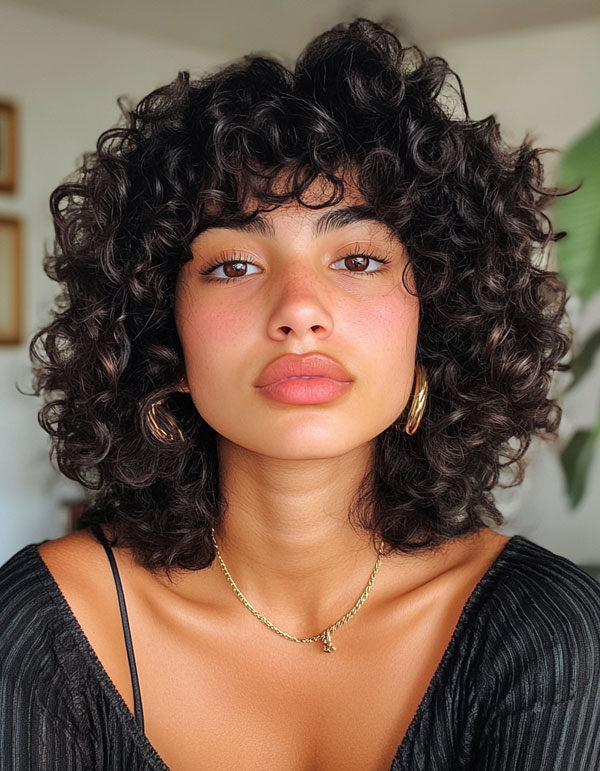 32 Medium Length Curly Hairstyles : Bold Black Layered Curls with Bangs