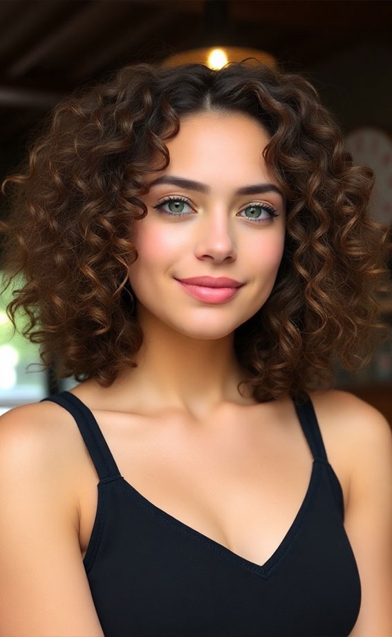 Rich Chocolate Brown Curls with a Centre Part, Medium Length Curly Hairstyles, Shoulder length curly hair with layers, Medium length curly hairstyles, Medium length curly hairstyles for women, Loose curls Hairstyles for medium hair, Medium length curly hair Photos, Haircuts for semi curly hair Female, curly hairstyles