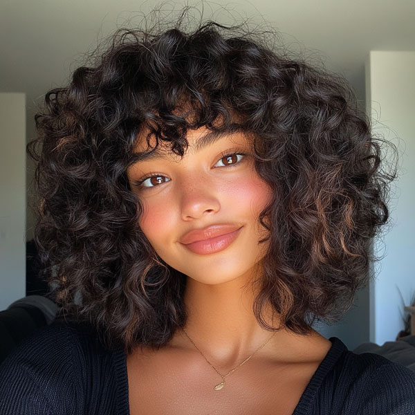 32 Medium Length Curly Hairstyles : Voluminous Curls with a Textured Fringe