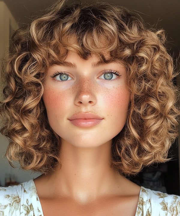 Bob Blonde Curls with a Sweet Fringe, Medium Length Curly Hairstyles, Shoulder length curly hair with layers, Medium length curly hairstyles, Medium length curly hairstyles for women, Loose curls Hairstyles for medium hair, Medium length curly hair Photos, Haircuts for semi curly hair Female, curly hairstyles