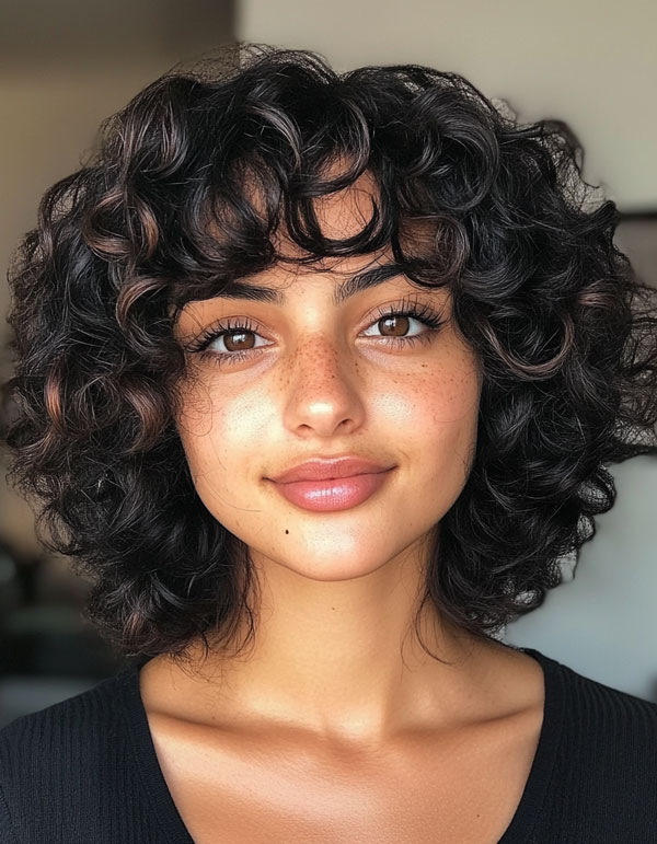 32 Medium Length Curly Hairstyles : Layered Deep Brunette Curls with Wispy Bangs