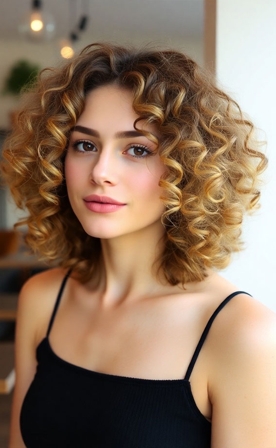 32 Medium Length Curly Hairstyles : Golden Layered Curls with a Classic ...