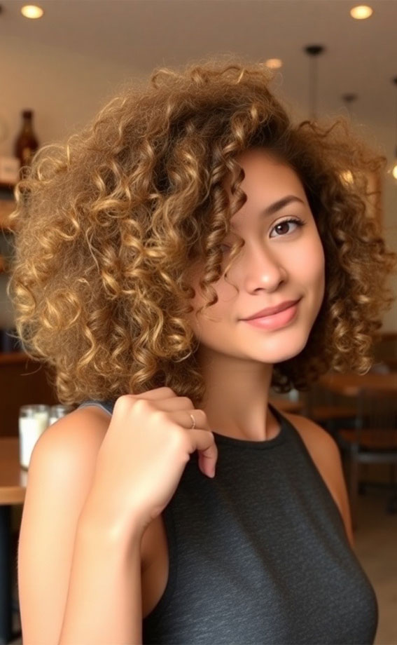 Golden blonde curly hairstyle, , Medium Length Curly Hairstyles, Shoulder length curly hair with layers, Medium length curly hairstyles, Medium length curly hairstyles for women, Loose curls Hairstyles for medium hair, Medium length curly hair Photos, Haircuts for semi curly hair Female, curly hairstyles