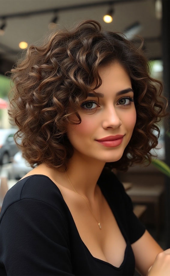 Elegant Curly Bob with Natural Gloss, Medium Length Curly Hairstyles, Shoulder length curly hair with layers, Medium length curly hairstyles, Medium length curly hairstyles for women, Loose curls Hairstyles for medium hair, Medium length curly hair Photos, Haircuts for semi curly hair Female, curly hairstyles