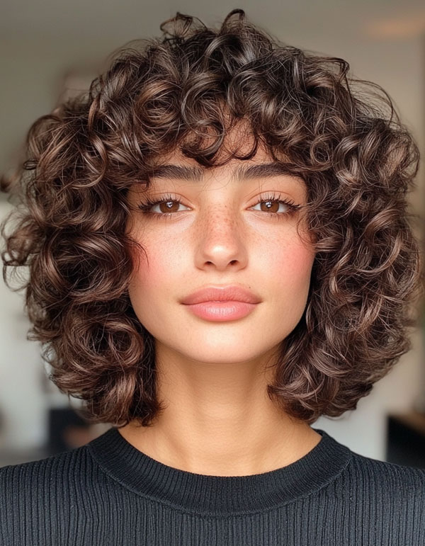 32 Medium Length Curly Hairstyles : Soft Curls with Modern Fringe