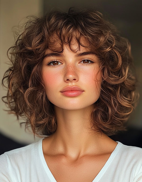 32 Medium Length Curly Hairstyles : Playful Waves with Wispy Fringe