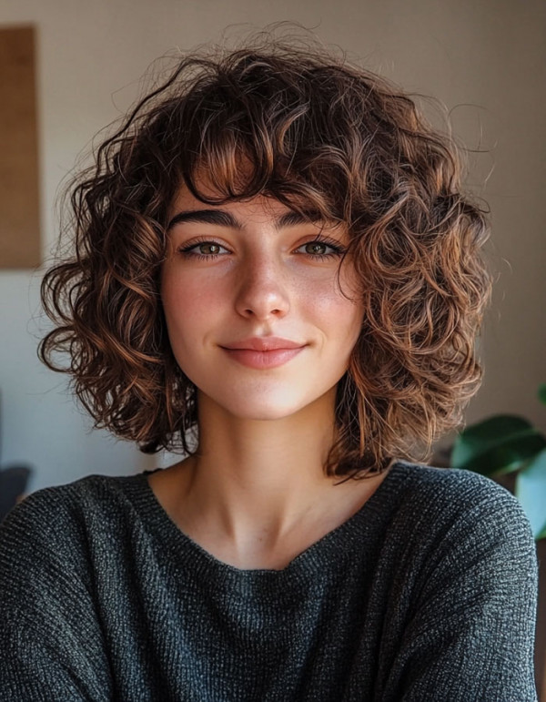 32 Medium Length Curly Hairstyles : Effortless Curly Bob with Soft Layers