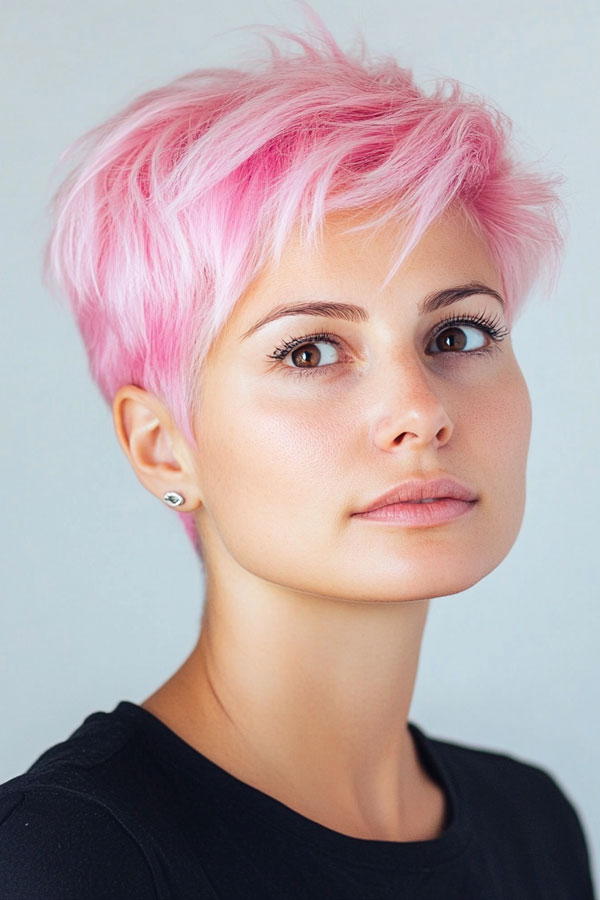 Cotton Candy Pink Pixie, pixie haircuts, pixie hairstyle, pixie haircut, short haircut, Pixie haircut gallery, Pixie haircut for women, Pixie haircuts 2024, Long pixie cut, Medium pixie haircut gallery, Pixie hairstyles for fine hair