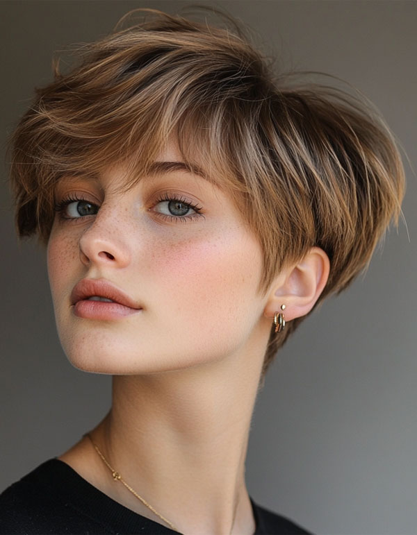 Warm Walnut Pixie, pixie haircuts, pixie hairstyle, pixie haircut, short haircut, Pixie haircut gallery, Pixie haircut for women, Pixie haircuts 2024, Long pixie cut, Medium pixie haircut gallery, Pixie hairstyles for fine hair