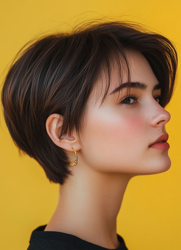 35 Cute Pixie Hairstyles to Steal the Spotlight : Glossy Brunette Pixie Bob