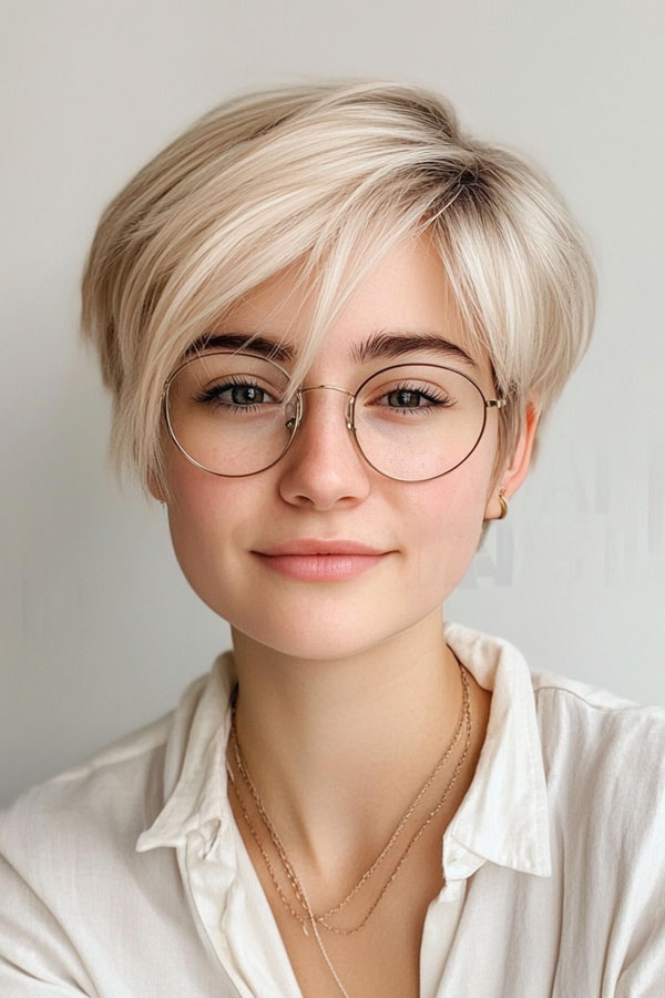 35 Cute Pixie Hairstyles to Steal the Spotlight : Chic Platinum Pixie with Glasses