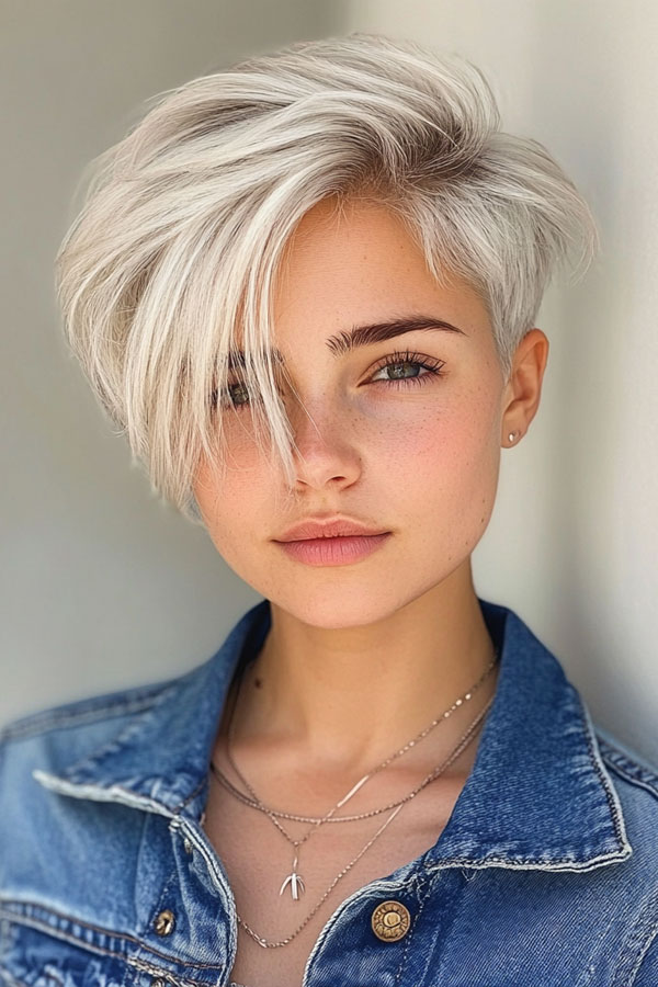 Platinum Sleek Pixie, pixie haircuts, pixie hairstyle, pixie haircut, short haircut, Pixie haircut gallery, Pixie haircut for women, Pixie haircuts 2024, Long pixie cut, Medium pixie haircut gallery, Pixie hairstyles for fine hair