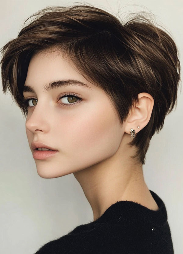 Rich Mocha Soft Layered Pixie, pixie haircuts, pixie hairstyle, pixie haircut, short haircut, Pixie haircut gallery, Pixie haircut for women, Pixie haircuts 2024, Long pixie cut, Medium pixie haircut gallery, Pixie hairstyles for fine hair