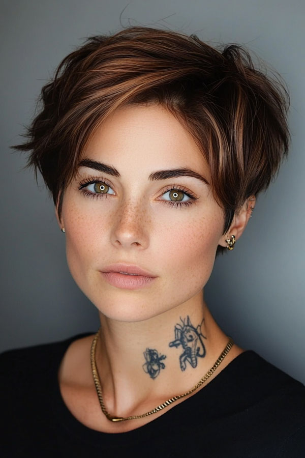 Chestnut Edgy Pixie, pixie haircuts, pixie hairstyle, pixie haircut, short haircut, Pixie haircut gallery, Pixie haircut for women, Pixie haircuts 2024, Long pixie cut, Medium pixie haircut gallery, Pixie hairstyles for fine hair