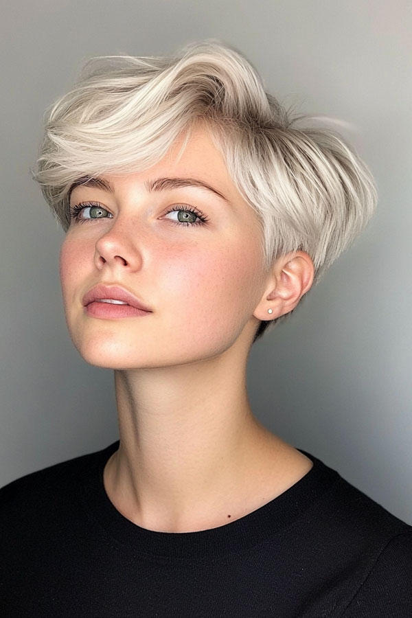 35 Cute Pixie Hairstyles to Steal the Spotlight : Icy Blonde Swoop Pixie