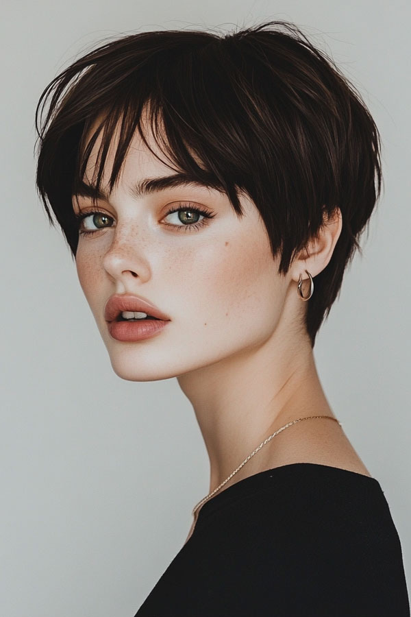 Soft Raven Pixie with Wispy Bangs, pixie haircuts, pixie hairstyle, pixie haircut, short haircut, Pixie haircut gallery, Pixie haircut for women, Pixie haircuts 2024, Long pixie cut, Medium pixie haircut gallery, Pixie hairstyles for fine hair