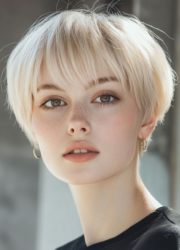 Retro Icy Platinum Bowl Pixie, pixie haircuts, pixie hairstyle, pixie haircut, short haircut, Pixie haircut gallery, Pixie haircut for women, Pixie haircuts 2024, Long pixie cut, Medium pixie haircut gallery, Pixie hairstyles for fine hair