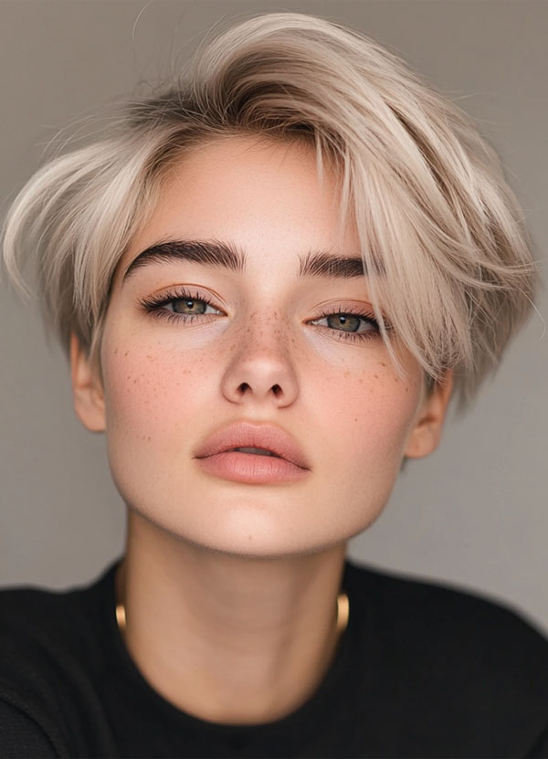 Platinum Tousled Pixie, pixie haircuts, pixie hairstyle, pixie haircut, short haircut, Pixie haircut gallery, Pixie haircut for women, Pixie haircuts 2024, Long pixie cut, Medium pixie haircut gallery, Pixie hairstyles for fine hair