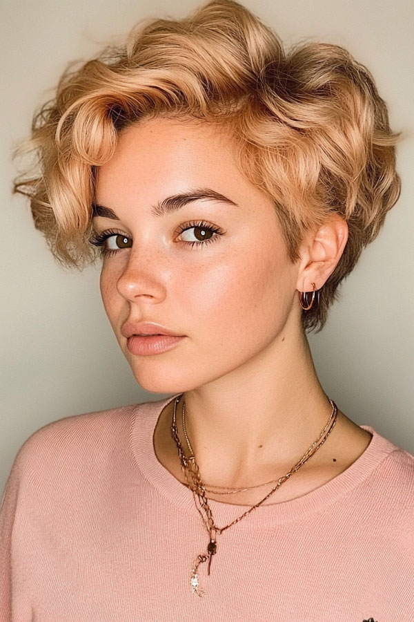 Curly Peach Pixie, pixie haircuts, pixie hairstyle, pixie haircut, short haircut, Pixie haircut gallery, Pixie haircut for women, Pixie haircuts 2024, Long pixie cut, Medium pixie haircut gallery, Pixie hairstyles for fine hair