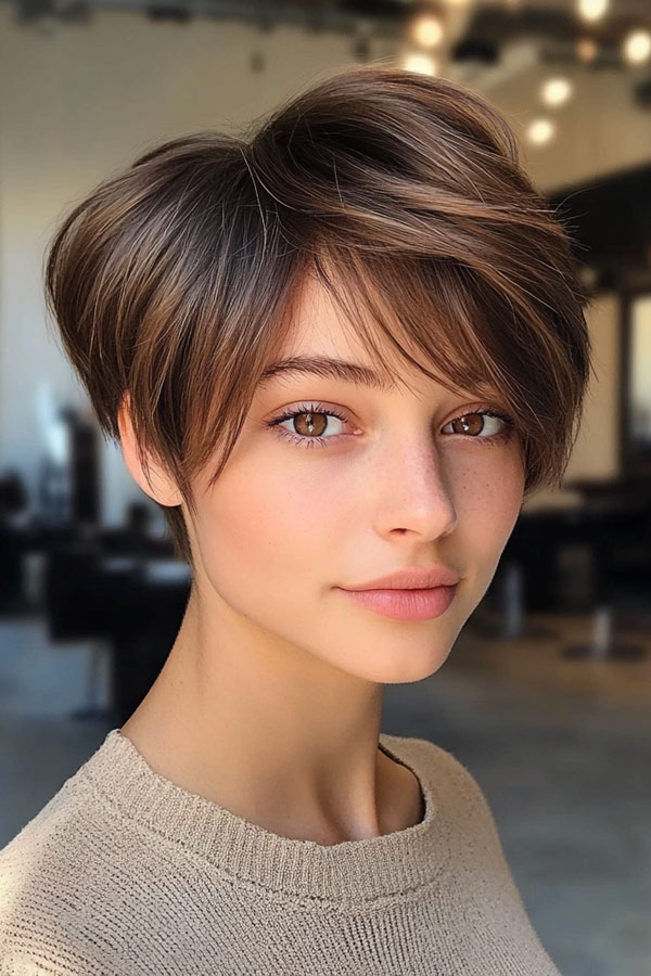 Chestnut Pixie for Fine Hair, pixie haircuts, pixie hairstyle, pixie haircut, short haircut, Pixie haircut gallery, Pixie haircut for women, Pixie haircuts 2024, Long pixie cut, Medium pixie haircut gallery, Pixie hairstyles for fine hair