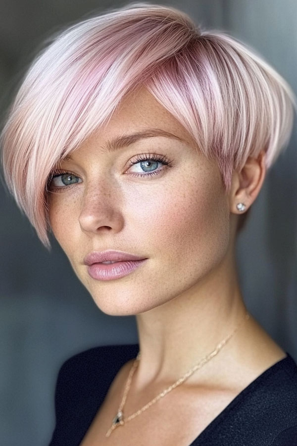 35 Cute Pixie Hairstyles to Steal the Spotlight : Blush Pearl Sleek Pixie with Side Swept Fringe