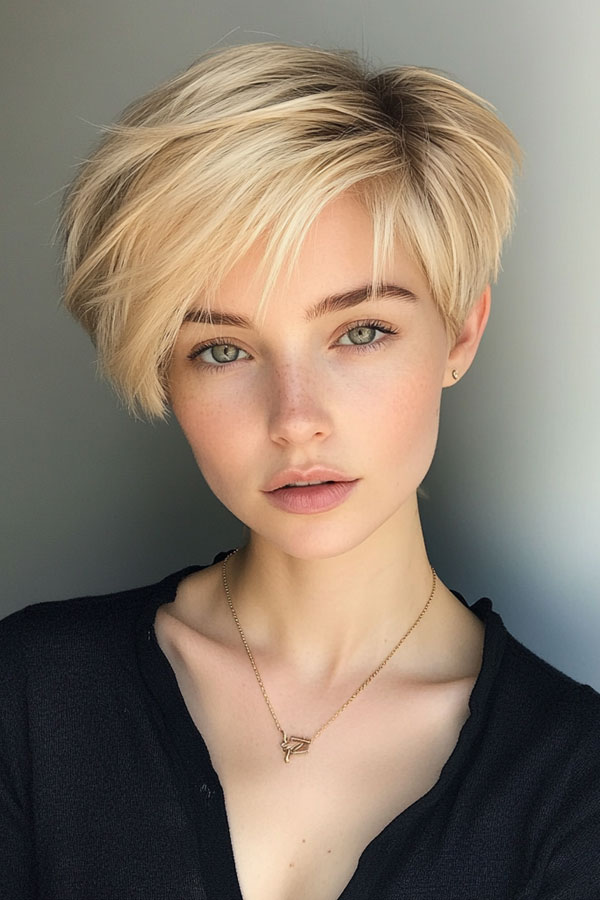 Honey Blonde Feathered Layered Pixie, Platinum Sleek Pixie, pixie haircuts, pixie hairstyle, pixie haircut, short haircut, Pixie haircut gallery, Pixie haircut for women, Pixie haircuts 2024, Long pixie cut, Medium pixie haircut gallery, Pixie hairstyles for fine hair