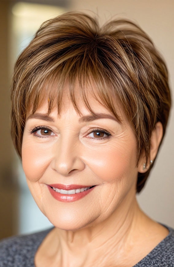 30 Pixie Haircuts for Older Women with Fringe : Chestnut Brown Pixie with Subtle Highlights