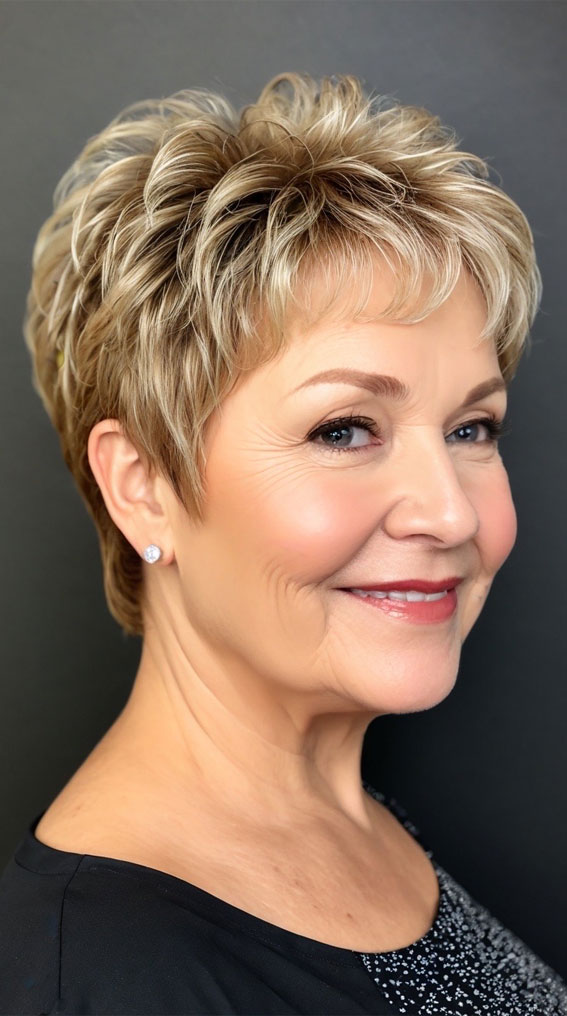 30 Pixie Haircuts for Older Women with Fringe : Layered Honey Blonde Pixie with Feathered Texture