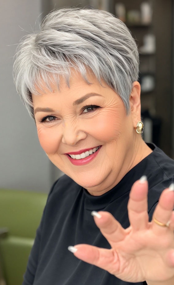 30 Pixie Haircuts for Older Women with Fringe : Sleek Silver Pixie Fine Hair with Feathered Layers