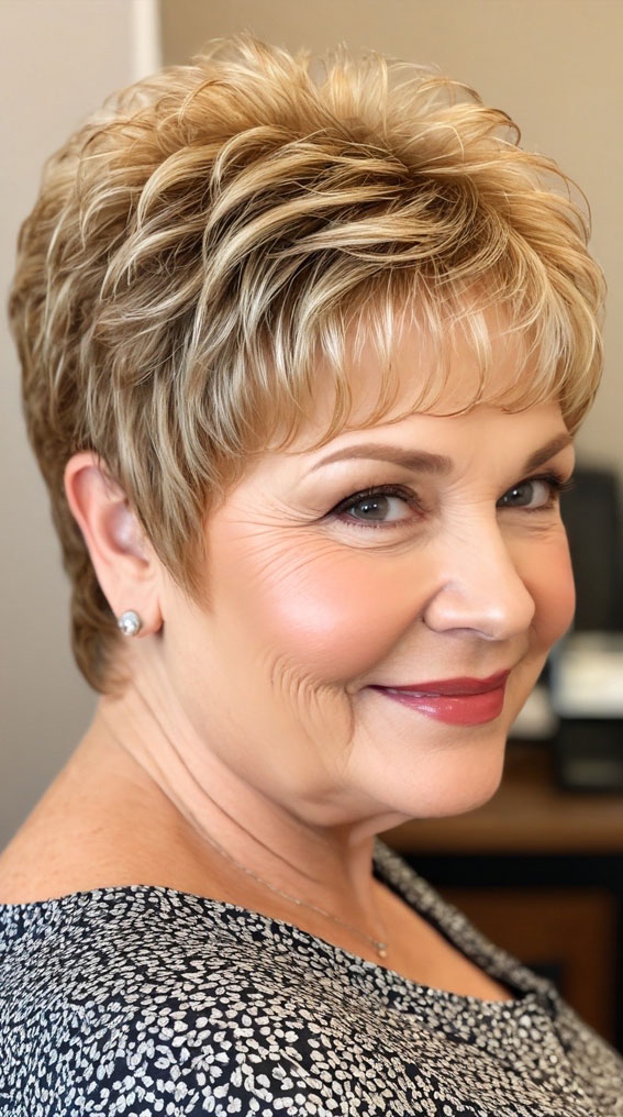 30 Pixie Haircuts for Older Women with Fringe : Golden Blonde Pixie with Textured Layers