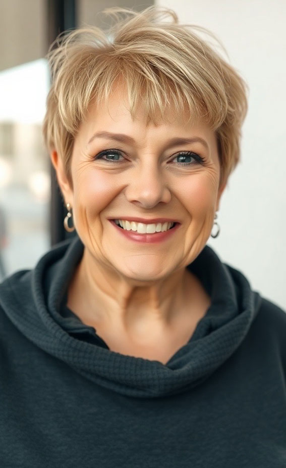 30 Pixie Haircuts for Older Women with Fringe : Playful Blonde Pixie with Choppy Fringe