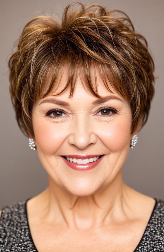 30 Pixie Haircuts for Older Women with Fringe : Chestnut Brown Pixie with Feathered Bangs