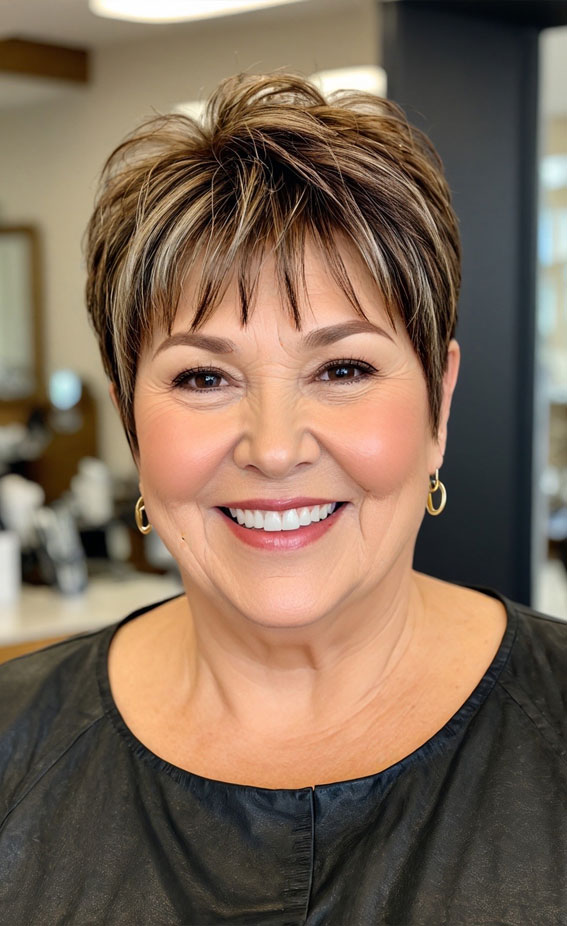 30 Pixie Haircuts for Older Women with Fringe : Multi-Toned Brown Pixie with Layered Fringe