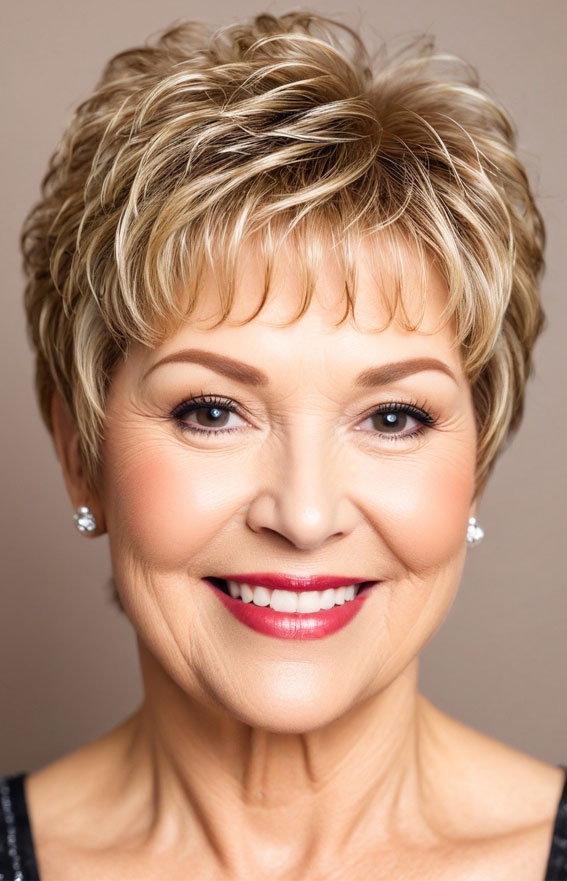 30 Pixie Haircuts for Older Women with Fringe : Honey Blonde Pixie with Textured Fringe