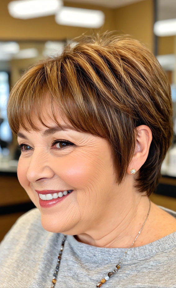 30 Pixie Haircuts for Older Women with Fringe : Warm Brown Pixie with Soft Layers